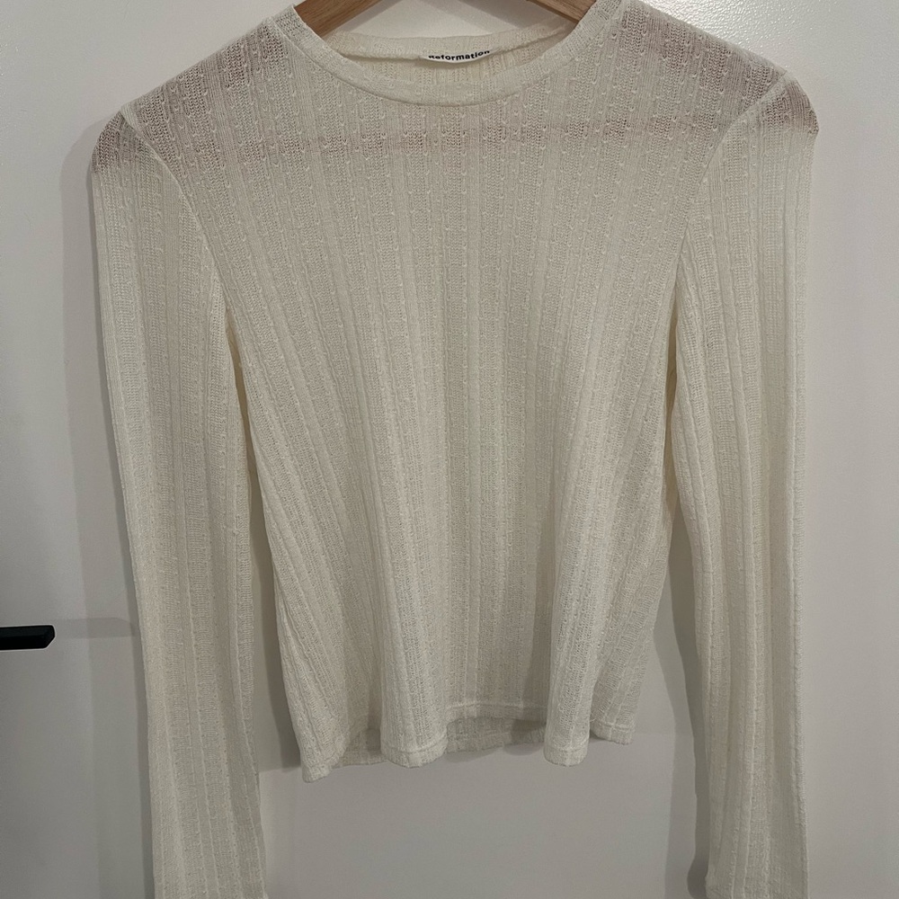 Reformation Cream Ribbed Long Sleeve Blouse